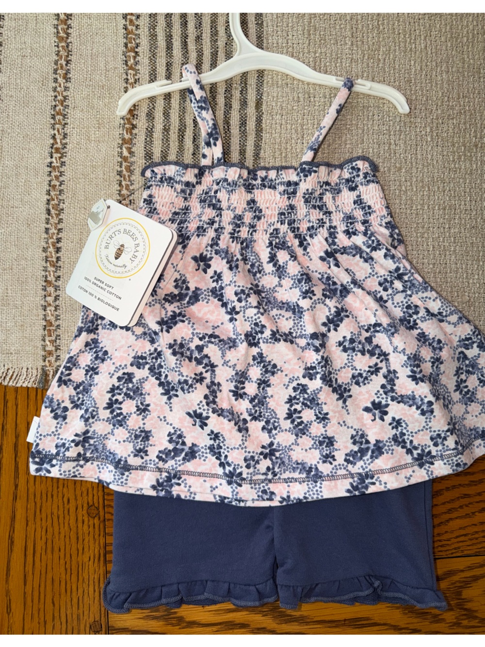 New Burt's Bees Baby Pink Floral Smocked Tank & Blue Ruffle Shorts Set NWT 6 mo